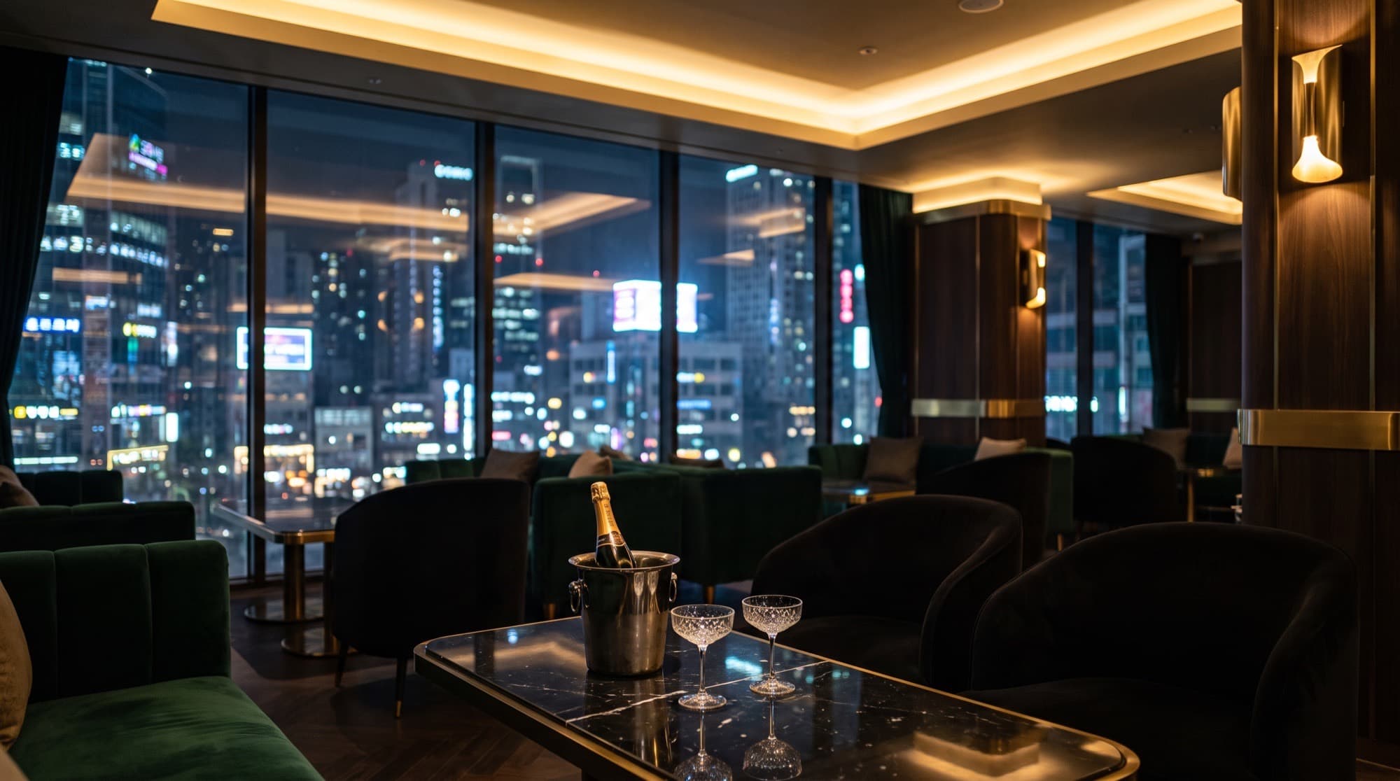 강남 일프로 프라이빗 라운지 내부 - 강남 시티뷰와 샴페인